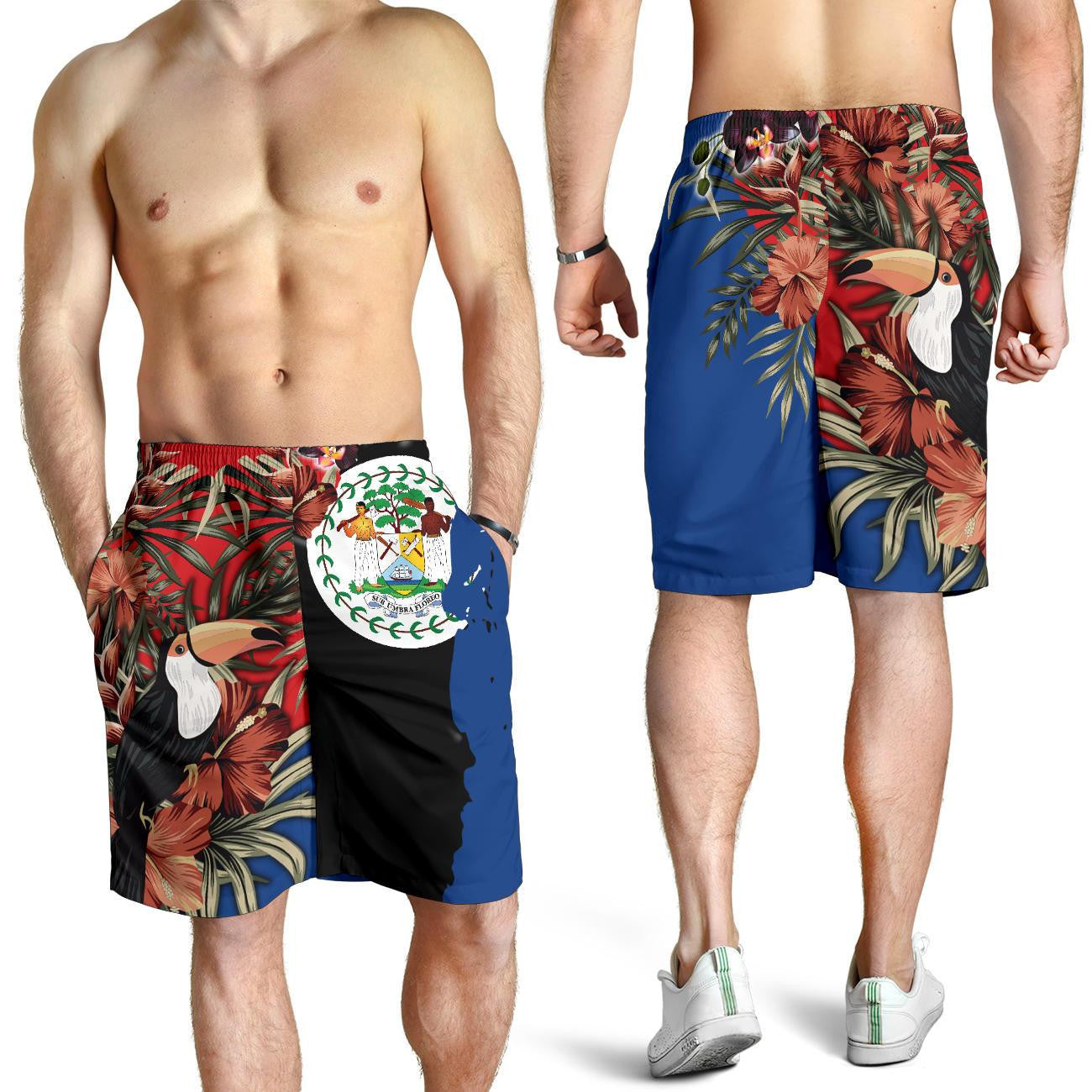 Belize Men's Short Belize National Flag with Toucan and Black Orchid Bn19