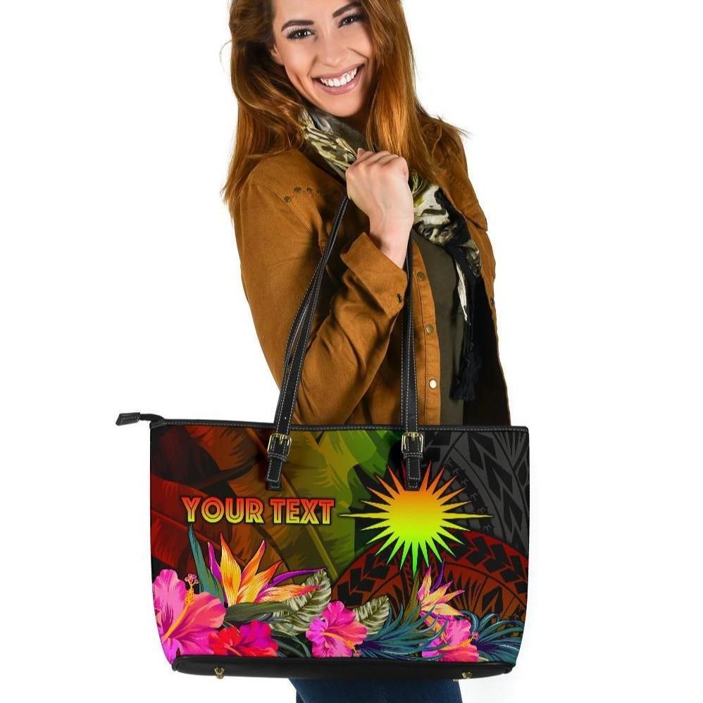 Marshall Islands Polynesian Personalised Large Leather Tote Bag Hibiscus And Banana Leaves