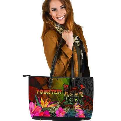 Fiji Polynesian Personalised Large Leather Tote Bag Hibiscus And Banana Leaves