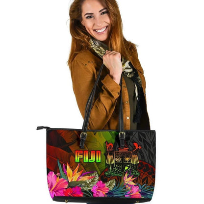 Fiji Polynesian Large Leather Tote Bag Hibiscus And Banana Leaves