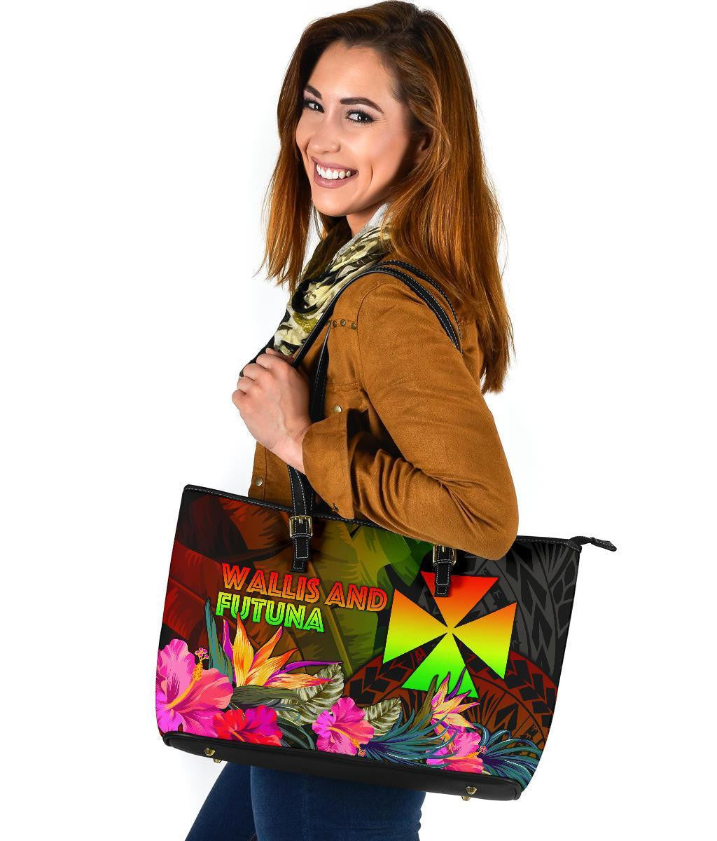 Wallis And Futuna Polynesian Large Leather Tote Bag Hibiscus And Banana Leaves