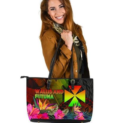 Wallis And Futuna Polynesian Large Leather Tote Bag Hibiscus And Banana Leaves