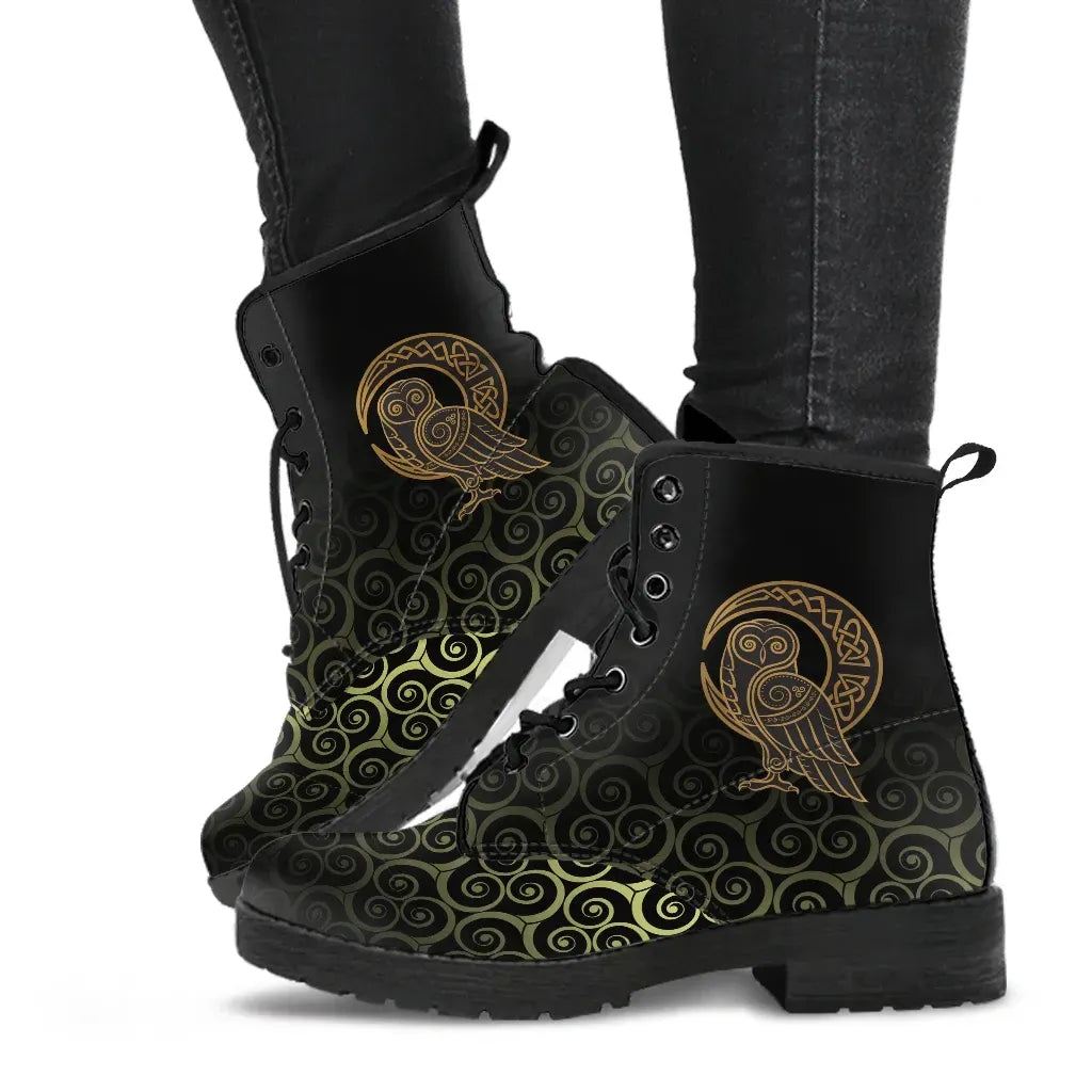 Leather Boots Owl Celtic On Triskels Background