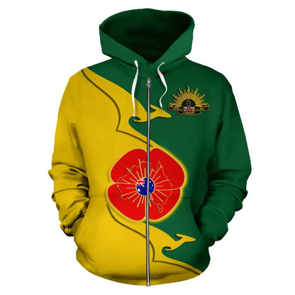 Australia Anzac Zip Up Hoodie Lest We Forget Poppy Map Kangaroo