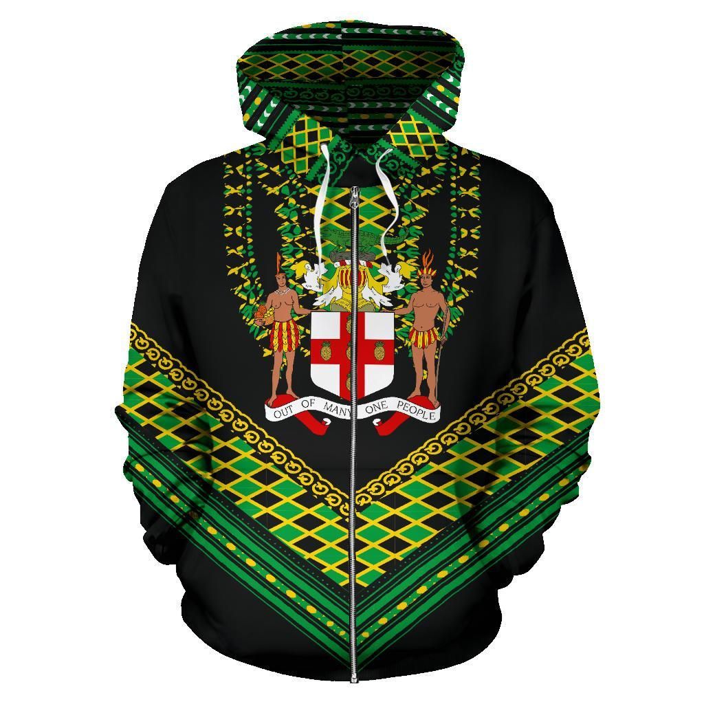 Jamaican Dashiki Zip Hoodie Jamaica Coat Of Arms Unisex Printed Hoodie