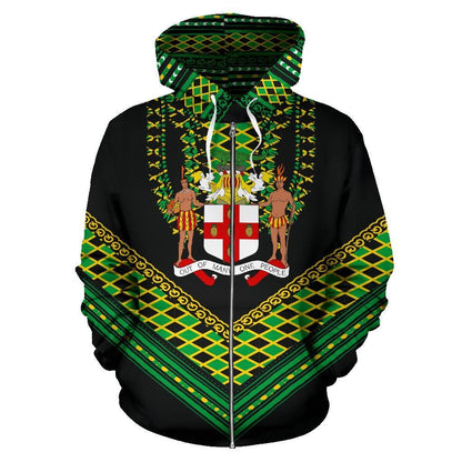 Jamaican Dashiki Zip Hoodie Jamaica Coat Of Arms Unisex Printed Hoodie
