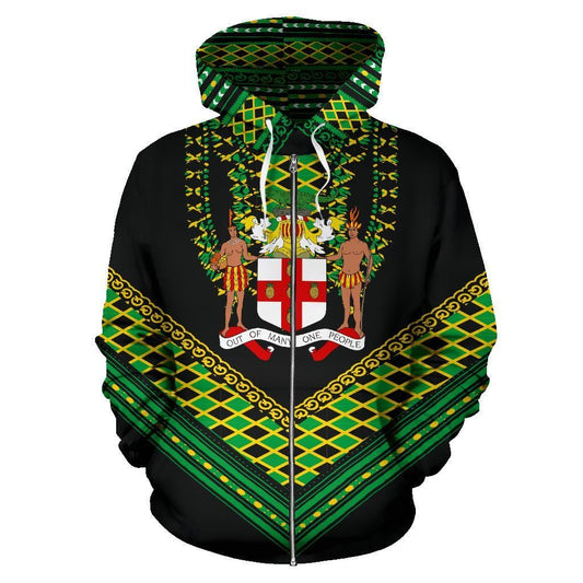 Jamaican Dashiki Zip Hoodie Jamaica Coat Of Arms Unisex Printed Hoodie