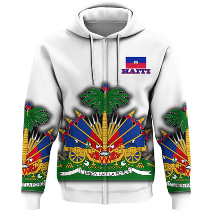 Haiti Zip Hoodie Flag With Coat Of Arm White