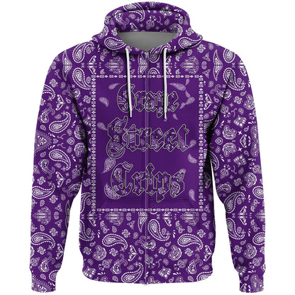Grape Street Crips Zip Hoodie Purple Bandana  Grape Street Crips Zip Hoodie - Purple Paisley Pattern Zip Hoodie