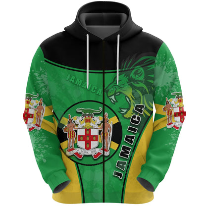Jamaica Lion Zip Hoodie Circle Stripes Flag Version