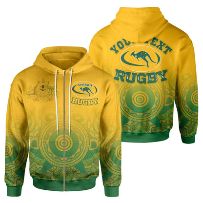 Custom Australia Aboriginal Zip Up Hoodie, Australia Rugby And Coat Of Arms