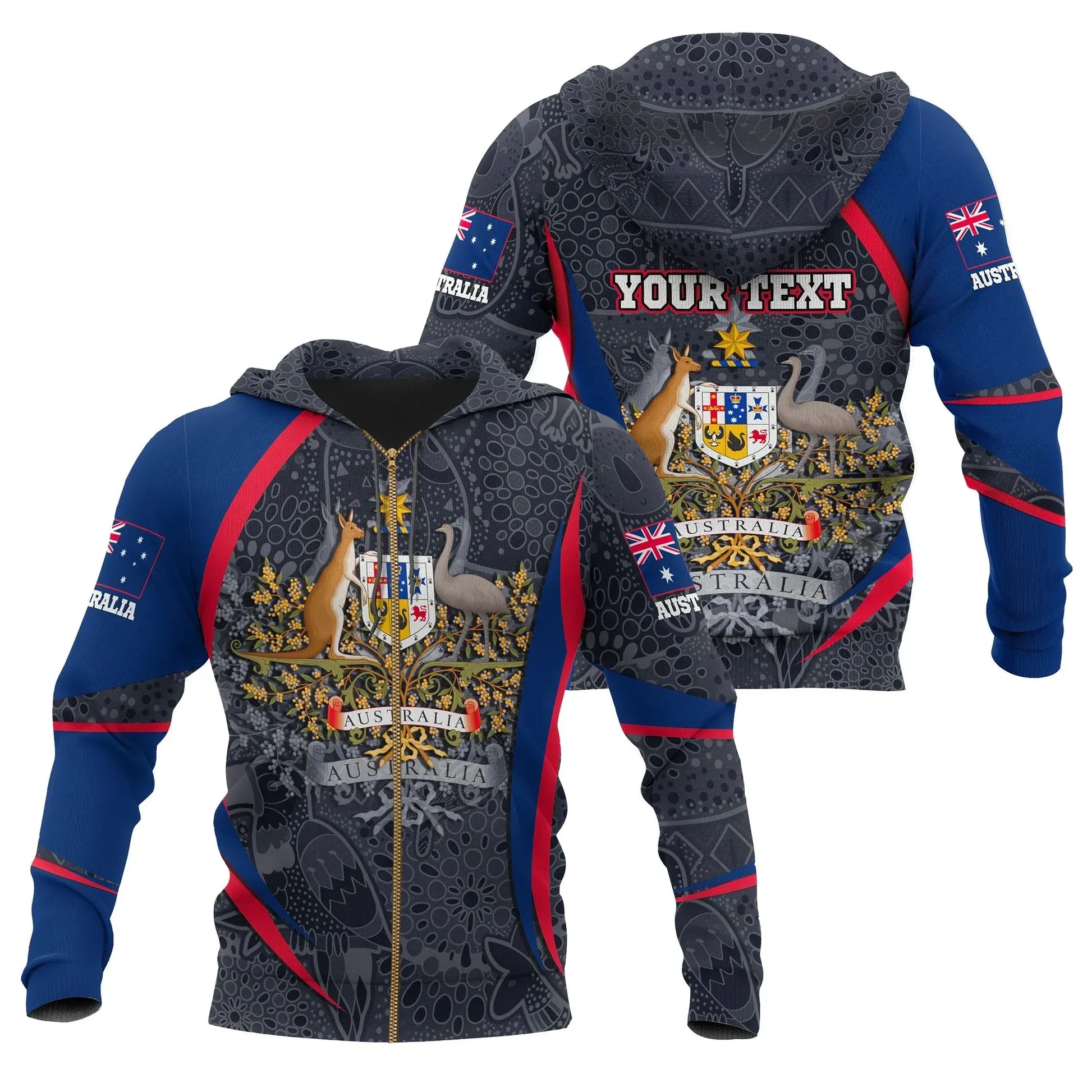 Custom Text Zip Up Hoodie, Australian Coat Of Arms Aussie Spirit