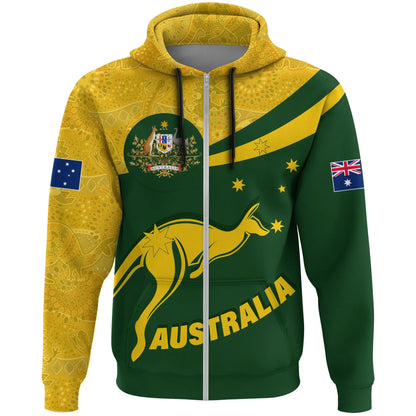 Australia Full Zip Hoodie, Australia Round Kangaroo Aboriginal Green