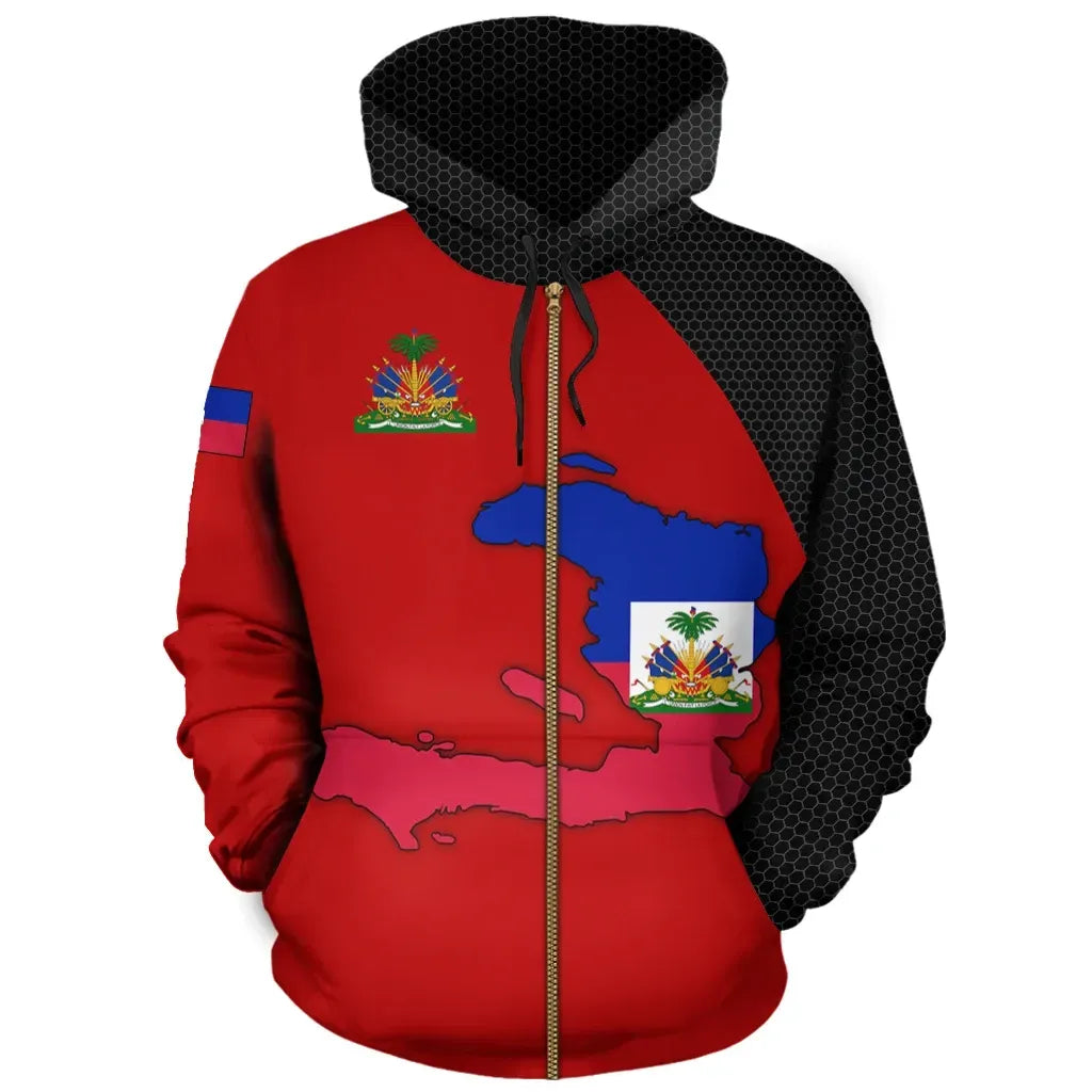 Haiti Map Zip Hoodie Haiti Coat Of Arms Printed Hoodie