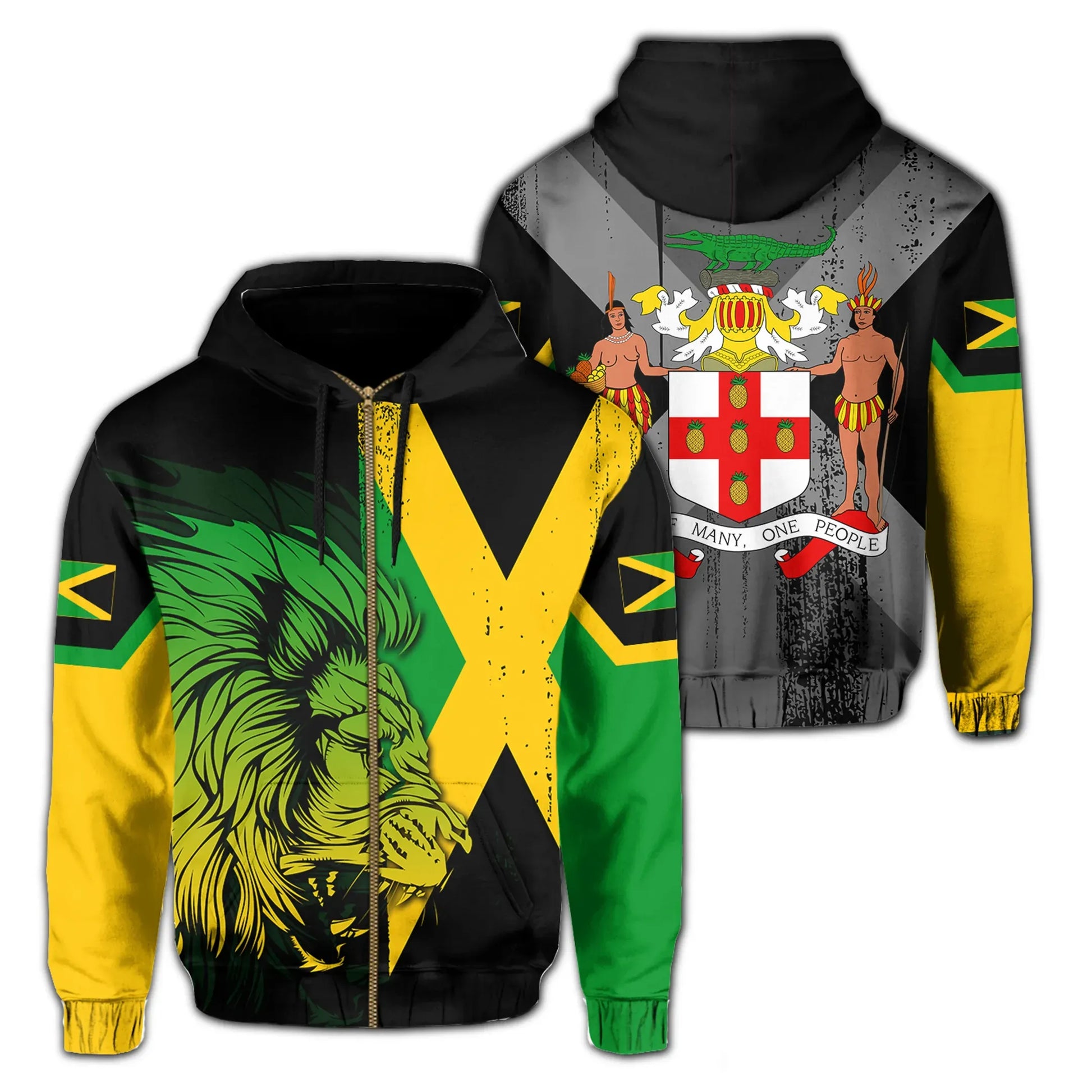 Jamaica Lion Flag And Coat Of Arm Hoodie Zip Up