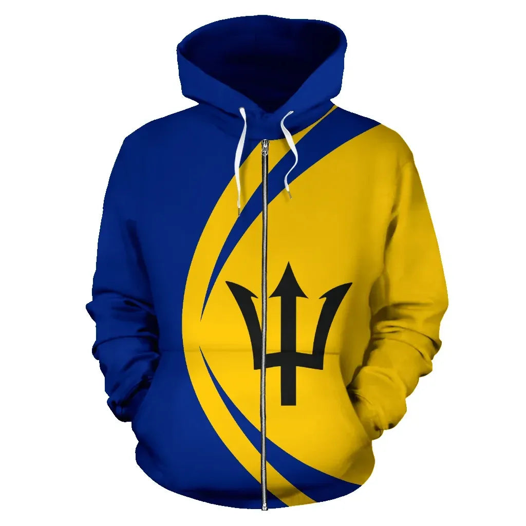 Barbados Flag Zip Up Hoodie Barbados Pride Unisex Curve Style Blue Zip Hoodie