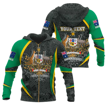 Custom Text Australia Zip Up Hoodie, Australian Coat Of Arms Aussie Spirit Green