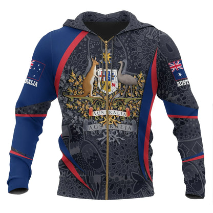 Australia Aboriginal Zip Up Hoodie, Australian Coat Of Arms Aussie Spirit