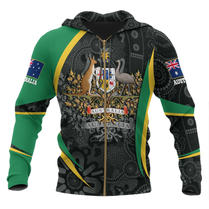 Australia Zip Up Hoodie Australia Coat Of Arms Hoodie Aussie Spirit Green Unisex