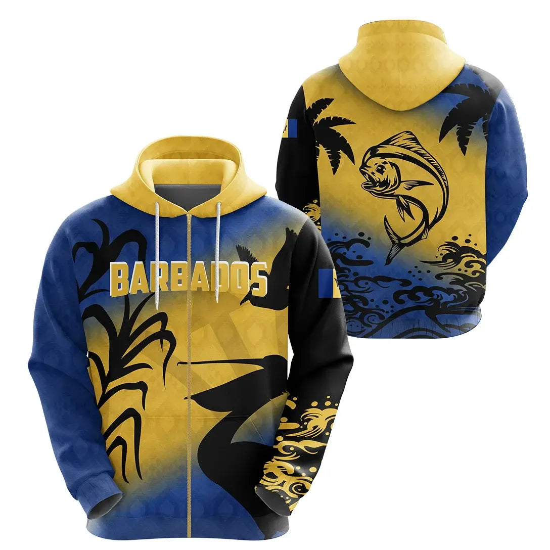 Barbados Zip Hoodie, Pelican Dolphin Fish Full Zip Hoodie