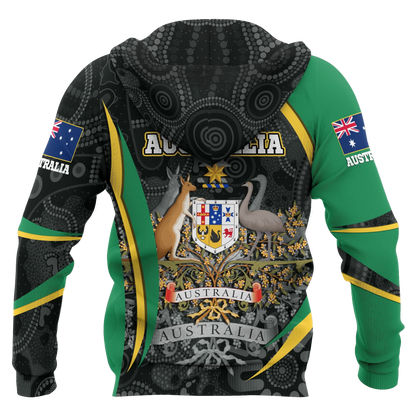 Australia Zip Up Hoodie Australia Coat Of Arms Hoodie Aussie Spirit Green Unisex