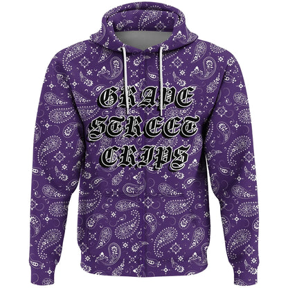 Grape Street Crips Gang Zip Hoodie - Purple Bandana Pattern Hoodie