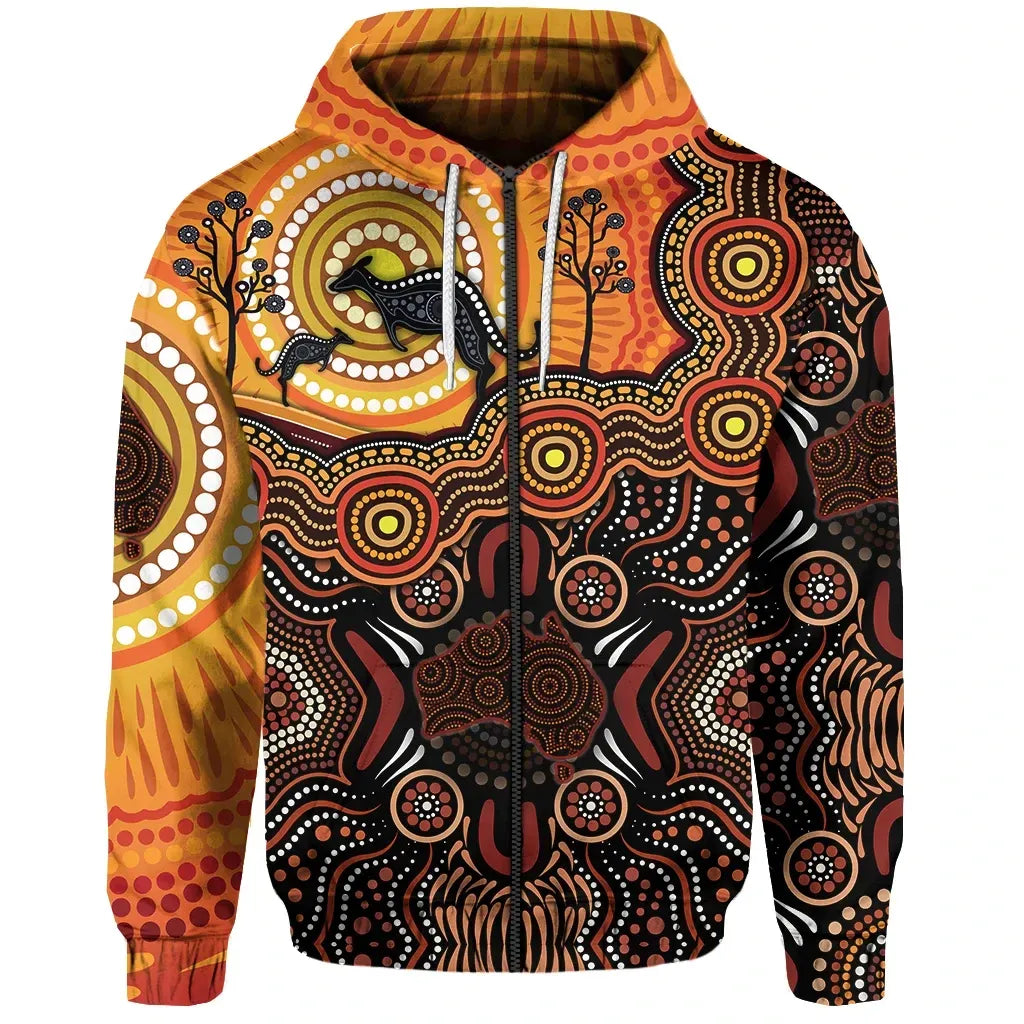 Australia Aboriginal Zip Up Hoodie, Kangaroo Map Dot Painting
