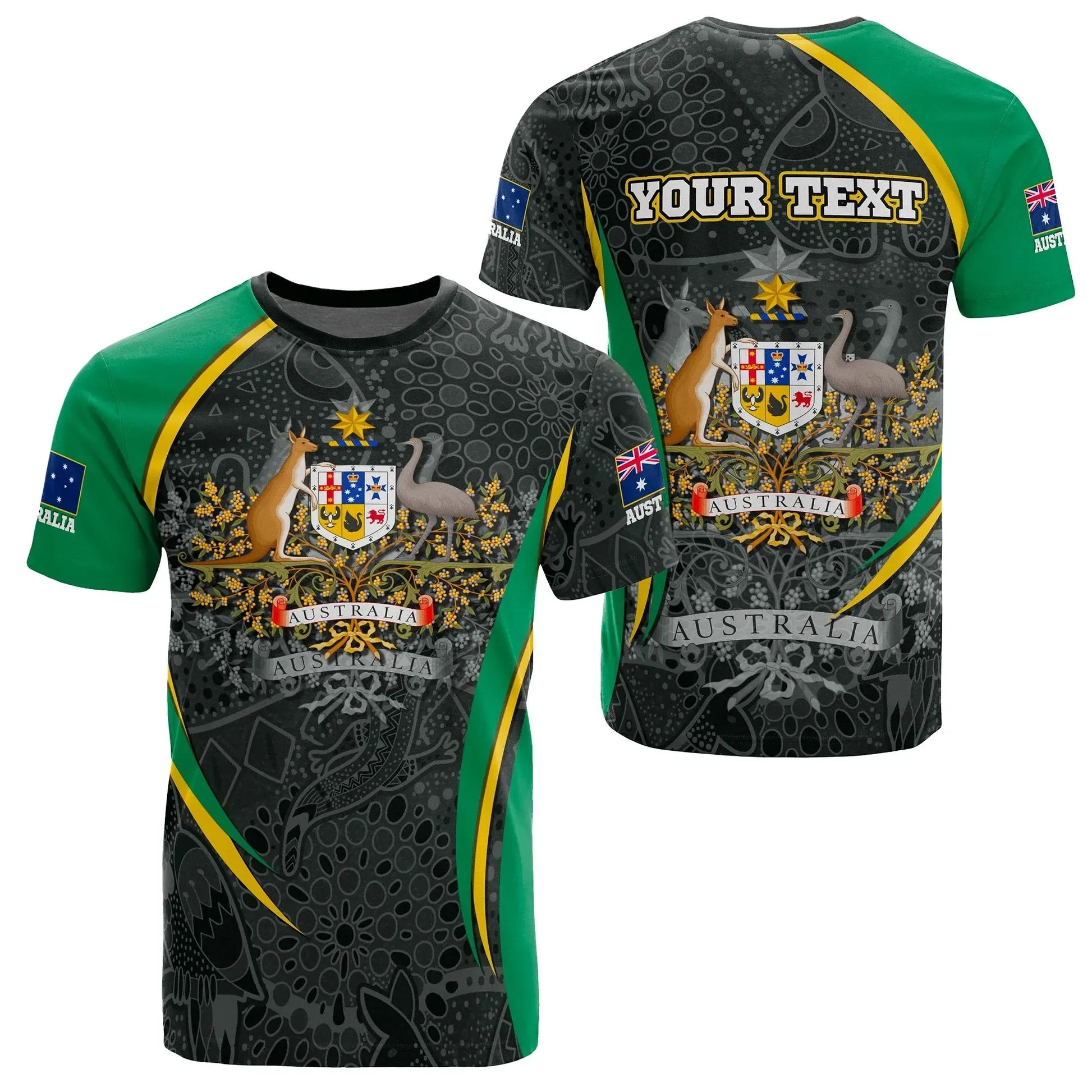 Custom Text Australia T Shirt, Australian Coat Of Arms Aussie Spirit Green