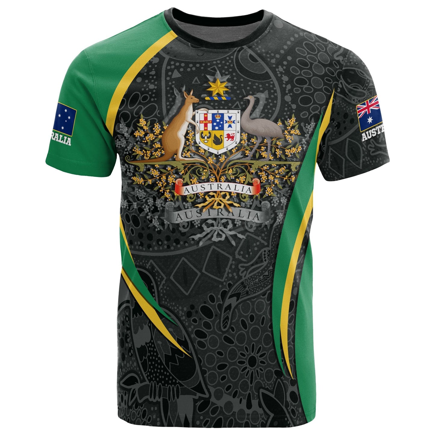 Australia Aboriginal T Shirt, Australian Coat Of Arms Aussie Spirit Green