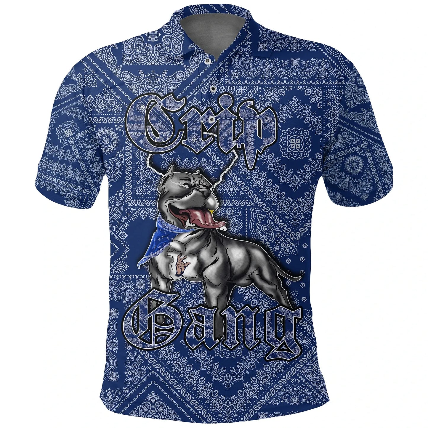 Crips Gang Bulldog Polo Shirt - Blue Paisley Pattern Printed Shirt