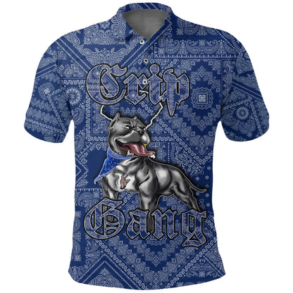 Crips Gang Bulldog Polo Shirt - Blue Paisley Pattern Printed Shirt