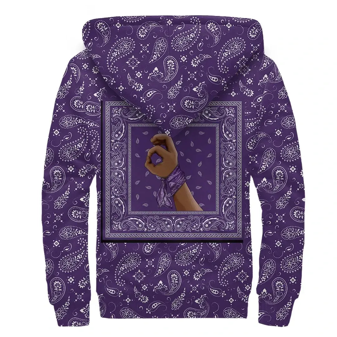 Grape Street Crips Gang Sherpa Hoodie - Purple Bandana Pattern Printed Fleece Hoodie