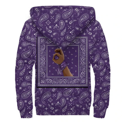 Grape Street Crips Gang Sherpa Hoodie - Purple Bandana Pattern Printed Fleece Hoodie