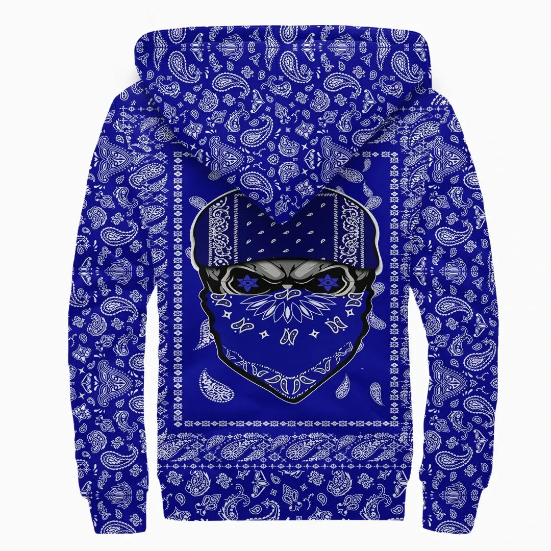 Crips Gang Skull Sherpa Hoodie Blue Bandana Pattern Printed Fleece Hoodie