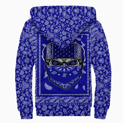 Crips Gang Skull Sherpa Hoodie Blue Bandana Pattern Printed Fleece Hoodie