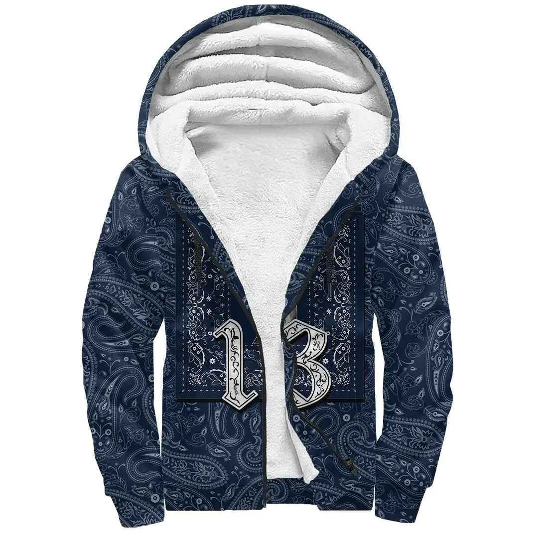 MS -13 Gang Sherpa Hoodie - Blue Bandana Pattern Printed Fleece Hoodie
