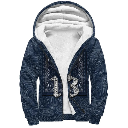 MS -13 Gang Sherpa Hoodie - Blue Bandana Pattern Printed Fleece Hoodie