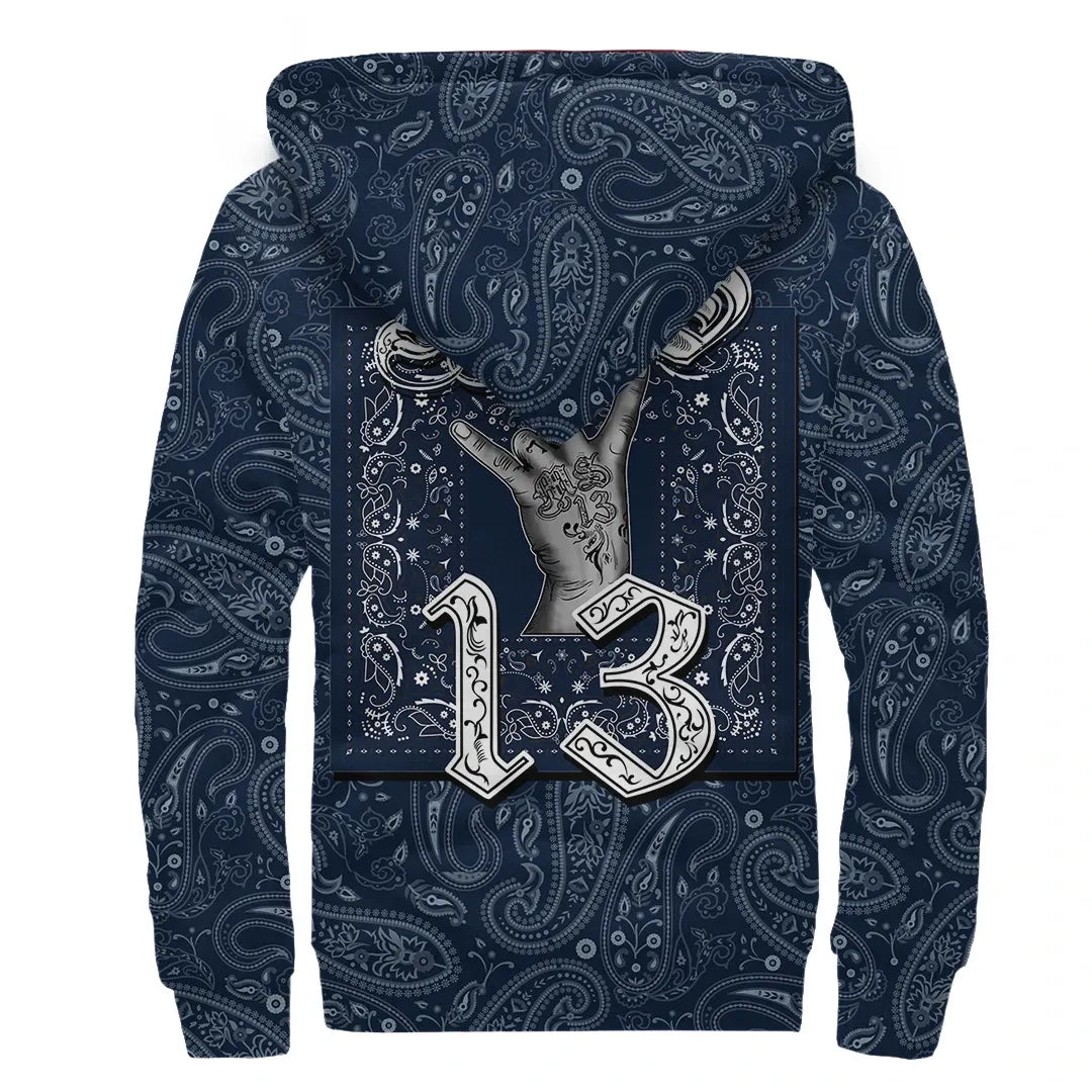 MS -13 Gang Sherpa Hoodie - Blue Bandana Pattern Printed Fleece Hoodie