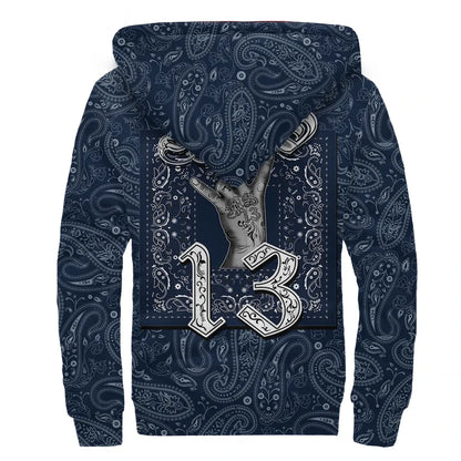 MS -13 Gang Sherpa Hoodie - Blue Bandana Pattern Printed Fleece Hoodie