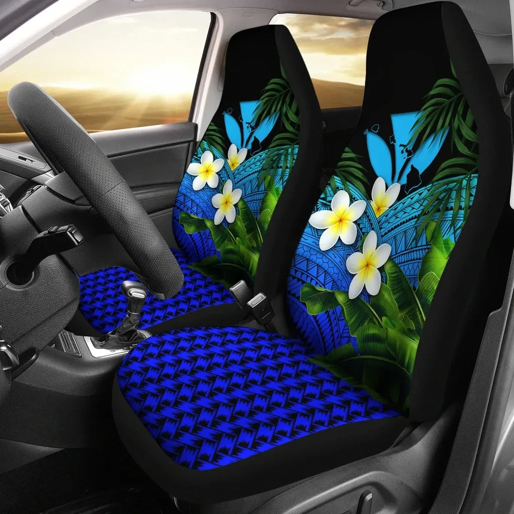 Kanaka Maoli Hawaiian Car Seat Covers Polynesian Plumeria Banana Leaves Blue