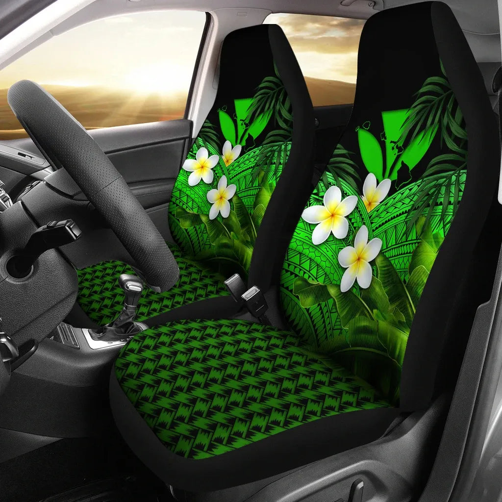 Kanaka Maoli Hawaiian Car Seat Covers Polynesian Plumeria Banana Leaves Green