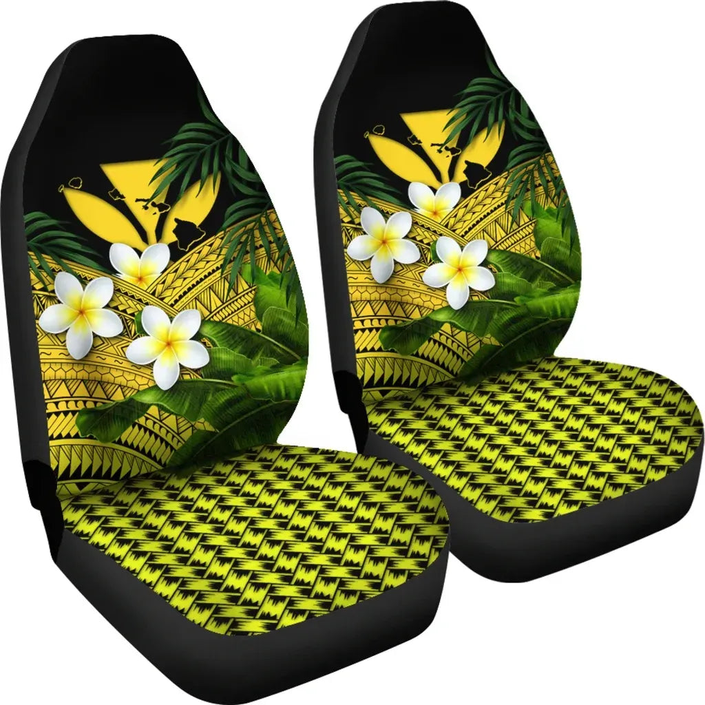 Kanaka Maoli Hawaiian Car Seat Covers Polynesian Plumeria Banana Leaves Yellow