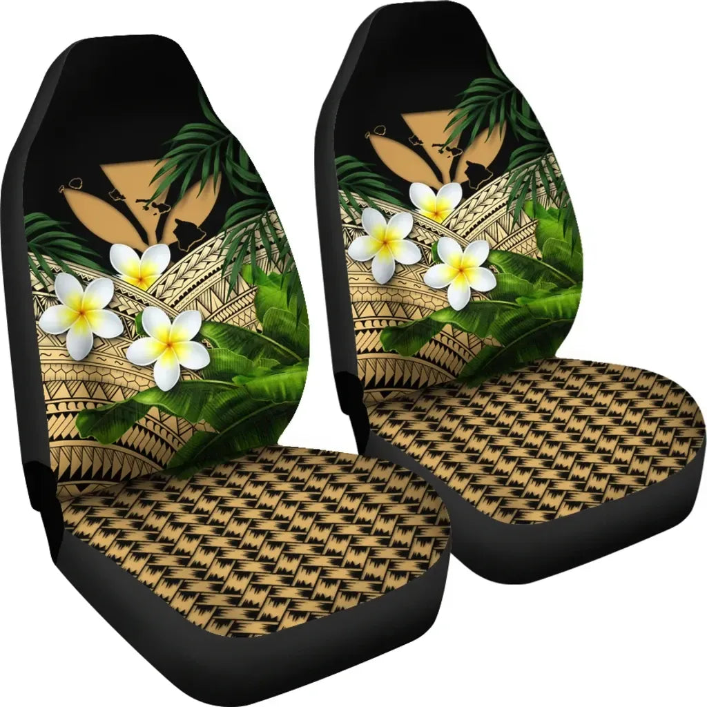 Kanaka Maoli Hawaiian Car Seat Covers Polynesian Plumeria Banana Leaves Gold