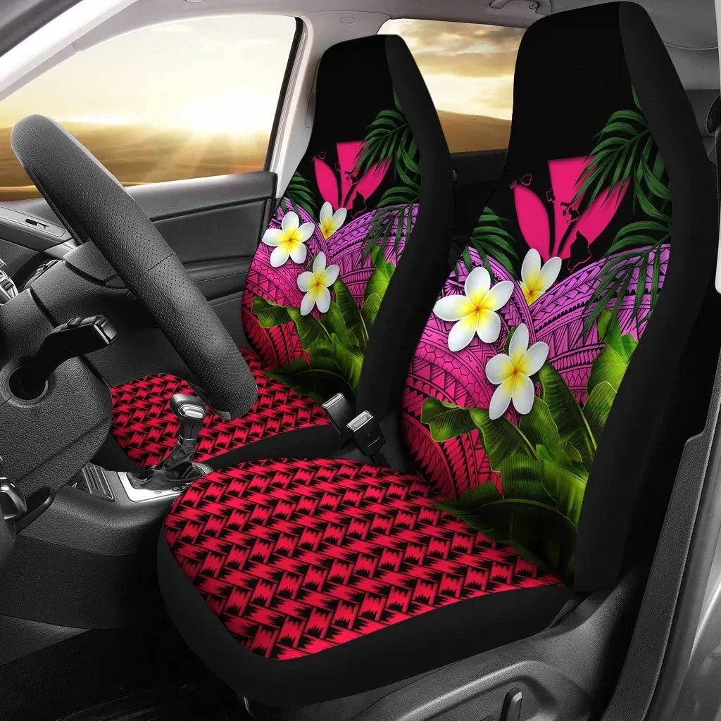 Kanaka Maoli Hawaiian Car Seat Covers Polynesian Plumeria Banana Leaves Pink