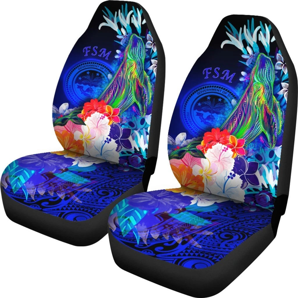 Federated States Of Micronesia Car Seat Cover Humpback Whale With Tropical Flowers Blue