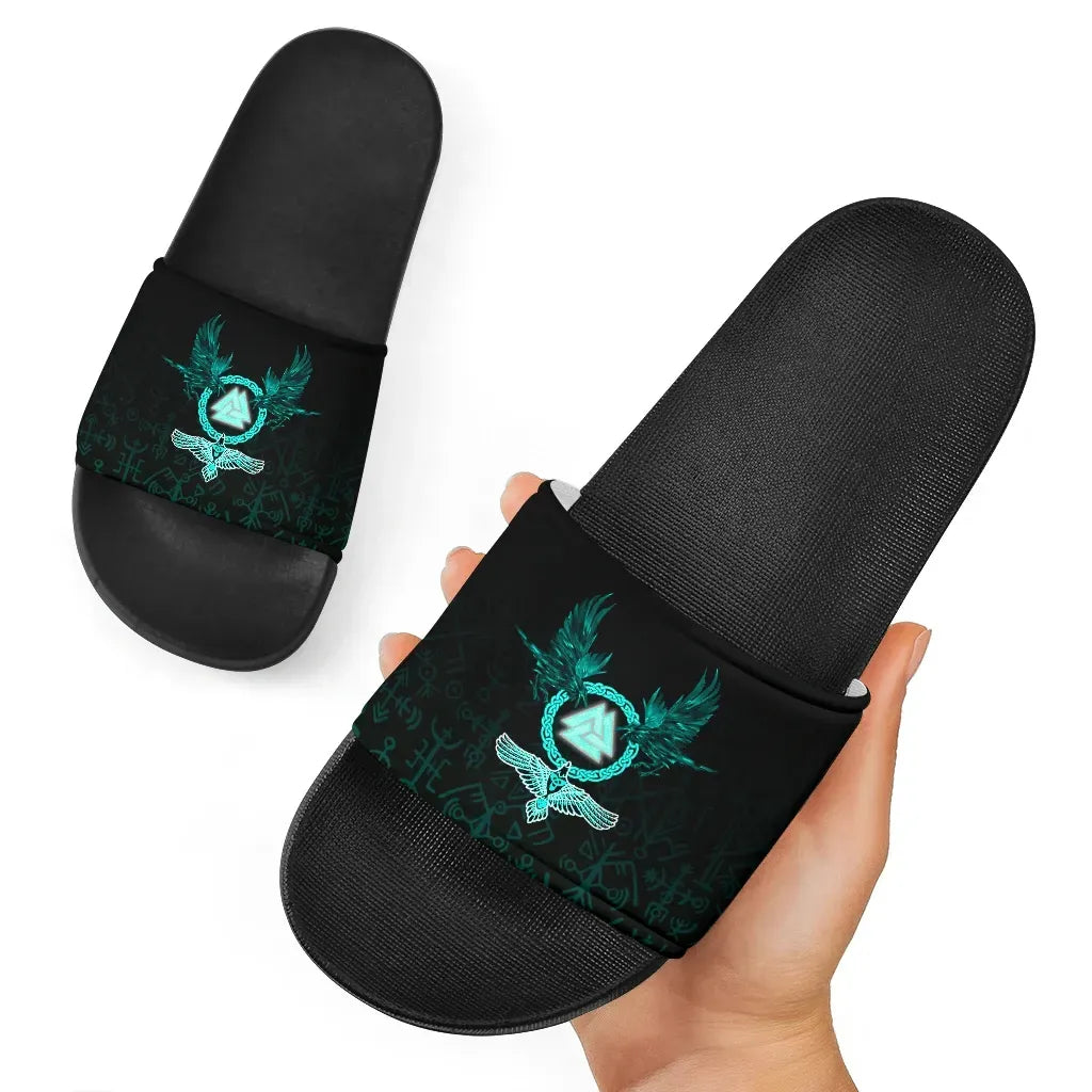 Viking Slide Sandals Three Raven and Valknut Cyan