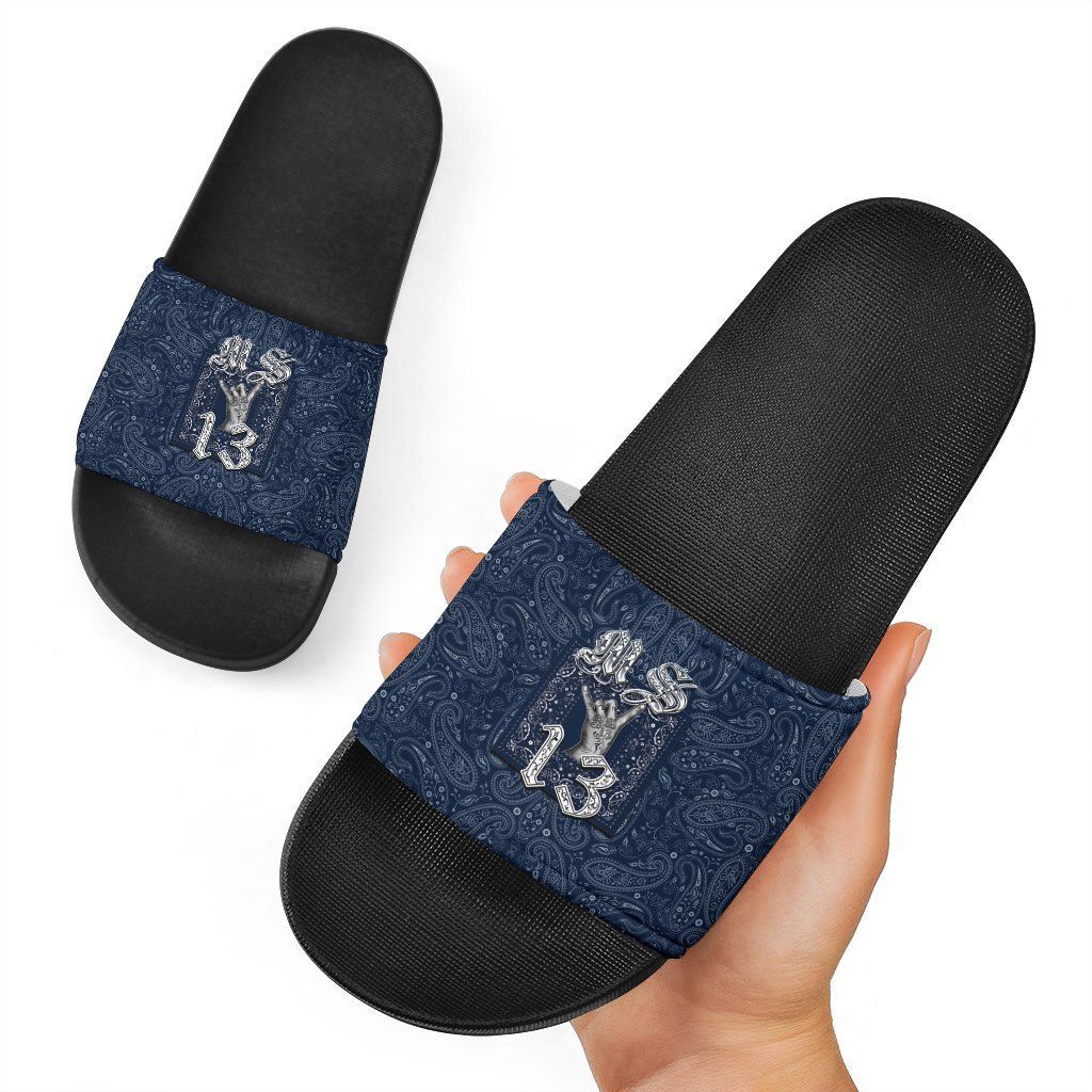 MS 13 Gang Slide Sandals Blue Bandana Pattern