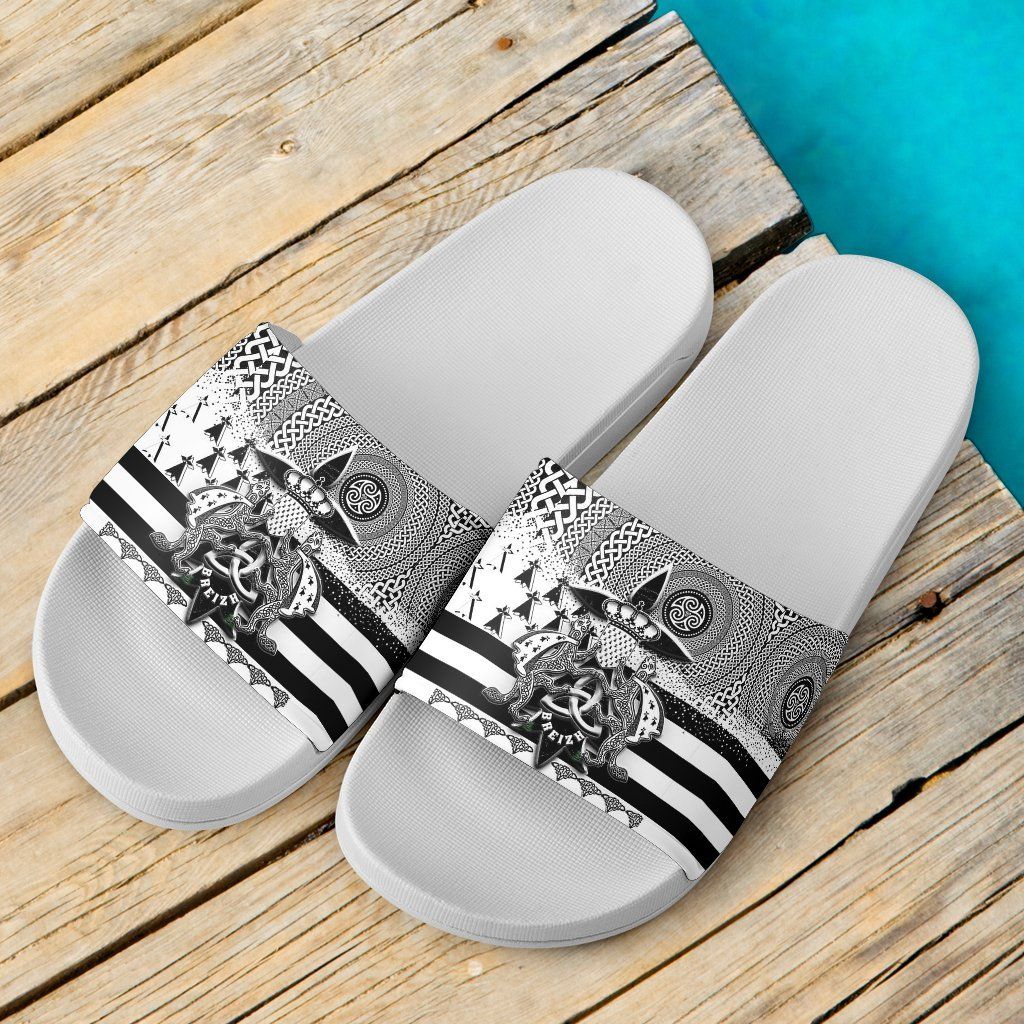 Celtic Brittany Slide Sandals Brittany Flag With Stoat Ermine and Triskelion Symbols