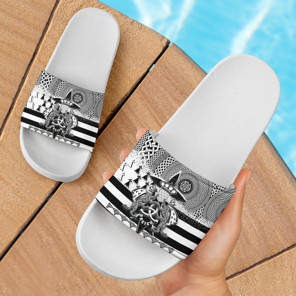 Celtic Brittany Slide Sandals Brittany Flag With Stoat Ermine and Triskelion Symbols