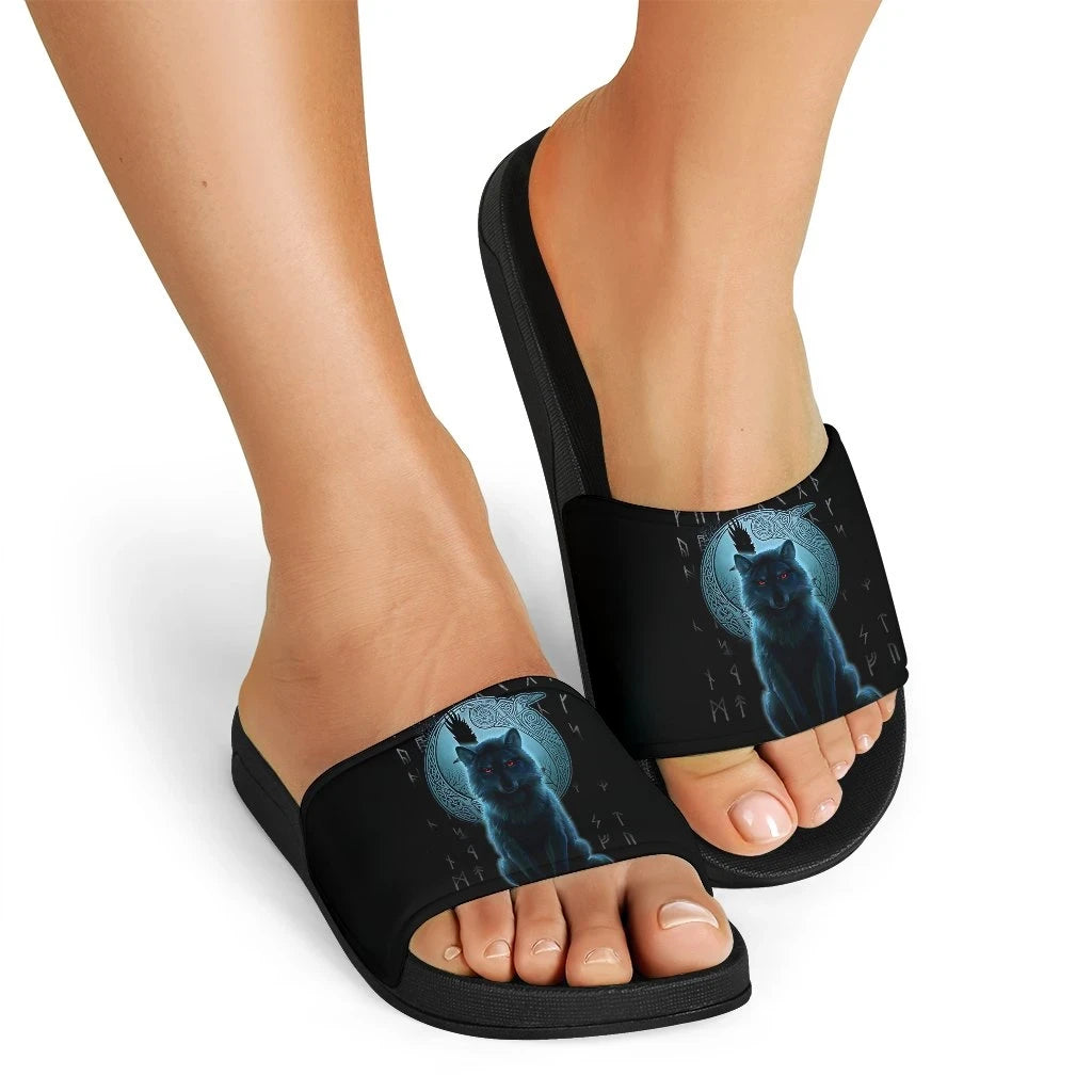 Slide Sandals Fenrir Viking Wolf And Moon